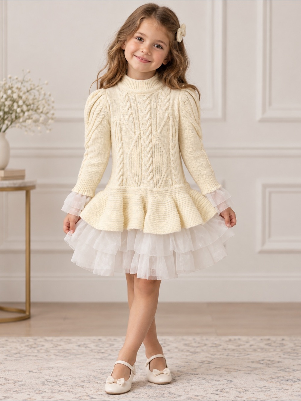 Source Unknown Cream Knit Peplum Tulle Dress